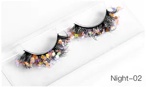 Close-up of Night-02 black false eyelashes with colorful holographic sequins