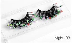 Close-up of thick black lashes with colorful sequins for stage makeup, model Night-03