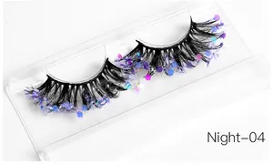 Detailed macro view of Night-04 false eyelashes with blue and purple sequins decoration