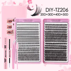 DIY cluster eyelash kit with 10D-16D thick lashes, glue, pink tweezers and brush