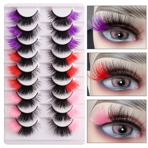 10 paires de faux cils colorés œil de renard avec cheveux de faux vison roses et violets