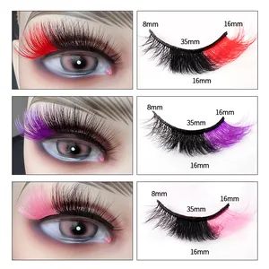 Faux cils colorés multicouches spectaculaires en rouge, violet et rose, style yeux de renard
