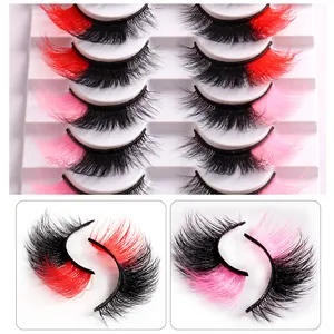 5 paires de faux cils œil de chat en noir avec des accents de couleur rouge et rose