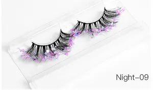 Detail of dramatic fake eyelashes with purple and blue glitter sequins and voluminous layers