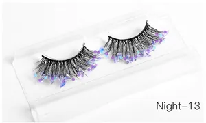 Macro detail of Night-13 false eyelashes with dense black fibers and purple blue sequins
