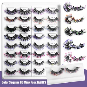 Colorful 8D faux mink eyelashes set with glitter sequins in 15 vibrant styles