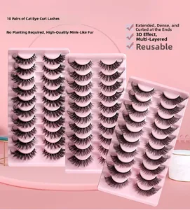 Detailed close-up of 10 pairs of 3D layered cat-eye false eyelashes in pink packaging