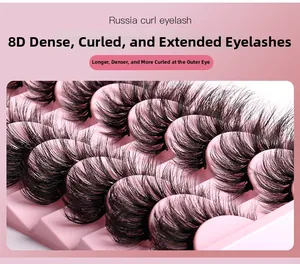 Macro shot of 8D Russian curl eyelashes with cat-eye volume and elongated outer corners