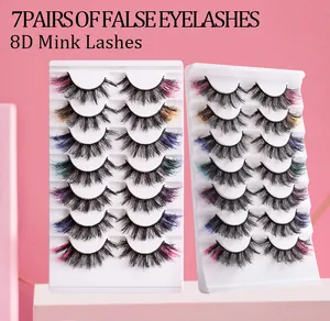 Macro detail of 7 pairs of colorful 8D faux mink lashes with vibrant tinted tips