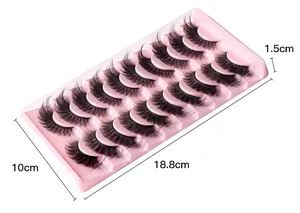 Detailed size chart of 14 pairs of fluffy fox eye false eyelashes in a pink tray