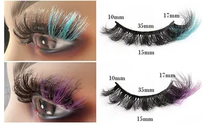 Size chart showing 10-17mm length and 35mm width for curly cat-eye false eyelashes