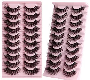Close-up of 10 pairs of 3D multi-layered fox eye eyelashes with thick curled wispy texture