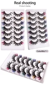 Detailed views of 7 pairs of colorful cat-eye false eyelashes in a white display tray