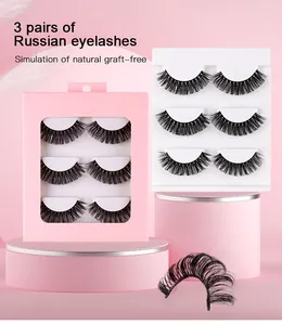Detailed view of 3 pairs of Russian D-curl false eyelashes in pink window box packaging