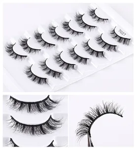 Macro detail of natural thick 3D fiber false eyelashes with model 7027 branding