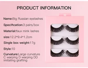 Detailed product dimensions and specifications for 3 pairs of Russian D curl false lashes