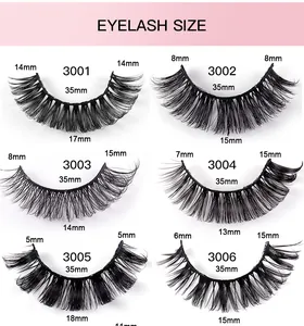 Detailed size chart for 3D Russian synthetic eyelashes showing lengths from 7mm to 15mm