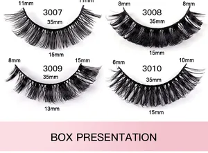 Detailed size chart showing 4 styles of Russian D curl false eyelashes with 6mm-15mm lengths