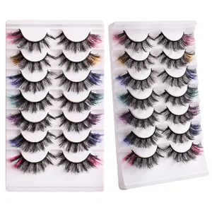 7 pairs of colorful cat eye false eyelashes with thick curl on white display tray