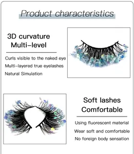 Detail of 3D layered false eyelashes with blue and purple glowing sequins for party makeup
