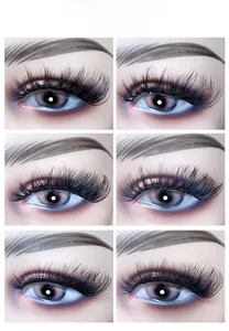 Comparison of six fox-eye false eyelashes styles shown on blue makeup eyes