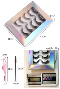 5 Paar Fuchsaugen-Wimpern-Set mit Pinzette, Bürste und präzisen Größenangaben dazu