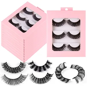 3 pairs of thick Russian D-curl false eyelashes in a pink window box for natural volume