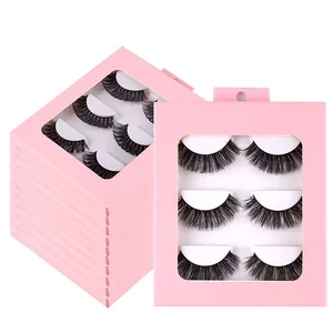 Bulk 3 pairs of natural thick black false eyelashes in a pink window box packaging