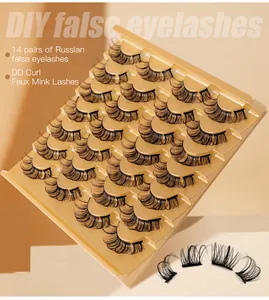 Detailed view of 14 pairs DD curl Russian DIY lashes in gold tray with faux mink texture