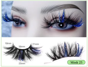 Βλεφαρίδες mink 25mm με μπλε γκλίτερ και λεπτομερείς μετρήσεις μήκους σχεδίου