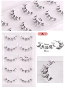 Detailed view of TM28 clear band false eyelashes with 6mm-11mm length measurements