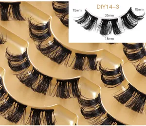 Detail view of 14 pairs D curl cluster lashes showing length specifications and mapping
