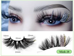 Λεπτομέρεια βλεφαρίδων mink 25mm με γκλίτερ, μοντέλο Mink 28, περιλαμβάνει διαστάσεις προϊόντος