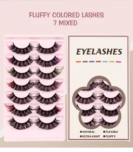 Detail of 7 pairs colorful Russian D curl false eyelashes in pink floral window packaging
