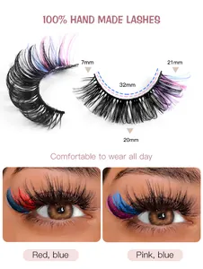 Detail of 100% handmade 21mm Russian D-curl colored eyelashes in blue and red