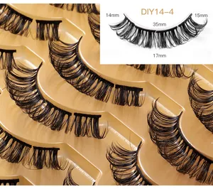 Macro detail of D-curl segment eyelashes with size chart in 14mm 15mm 17mm lengths