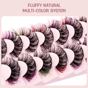 Macro shot of fluffy multi-color Russian D curl eyelashes with pink and blue tips