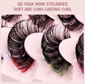 Detailed macro view of 8D faux mink eyelashes with colorful gradient and thick multi-layer curl