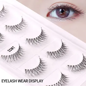 Natural manga lashes with clear fish line band showing 5 pairs set on eyes