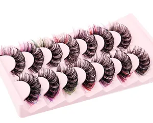 Close-up of curly mixed color false eyelashes in natural Russian D-curl with pink tray