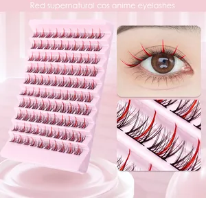 Macro detail of red and black segmented anime cosplay false eyelashes in 10-row tray pack