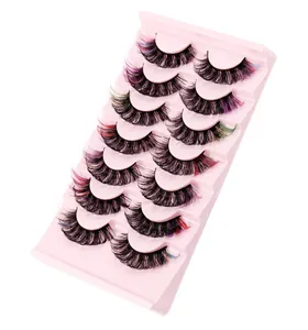 Macro shot of 7 pairs of colorful 3D Russian volume eyelashes in a pink display tray