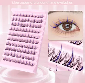 Blue and black segmented cosplay eyelashes macro detail and on-eye application effect