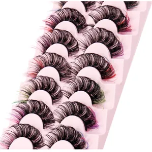 Detailed macro view of 7 pairs of colorful Russian D curl false eyelashes on pink tray