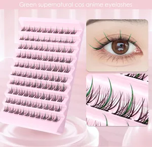 Macro view of black and neon green segment eyelashes for cosplay and anime makeup