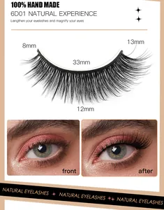 Detailed view of 6D01 lashes with size dimensions and before-after application effect