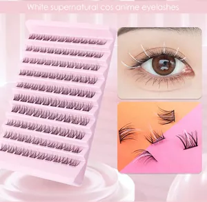 Detail view of black and white anime cosplay eyelashes with multi-row tray and eye model look