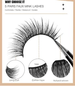 Detail of 5 pairs faux mink eyelashes with 1mm cotton band and natural woven texture