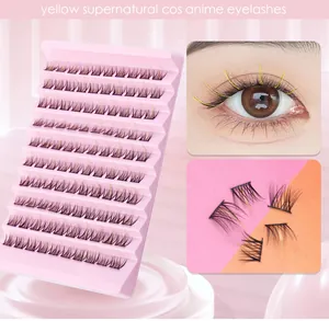 Cosplay eyelashes detail with yellow accents and a pink tray for anime makeup