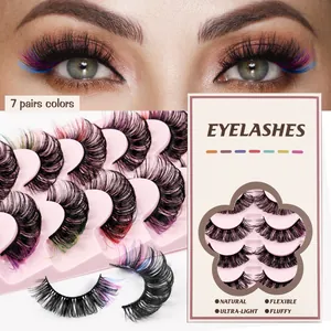 7 pairs of colorful fluffy Russian D curl faux mink eyelashes in a pink display box